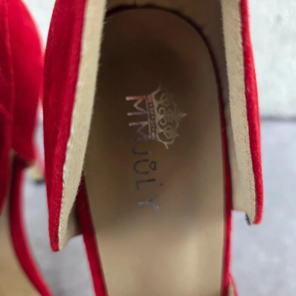 MM Joly Red Faux Suede Pointed Toe Bow Ankle Strap Pumps Stiletto Heels Size 9